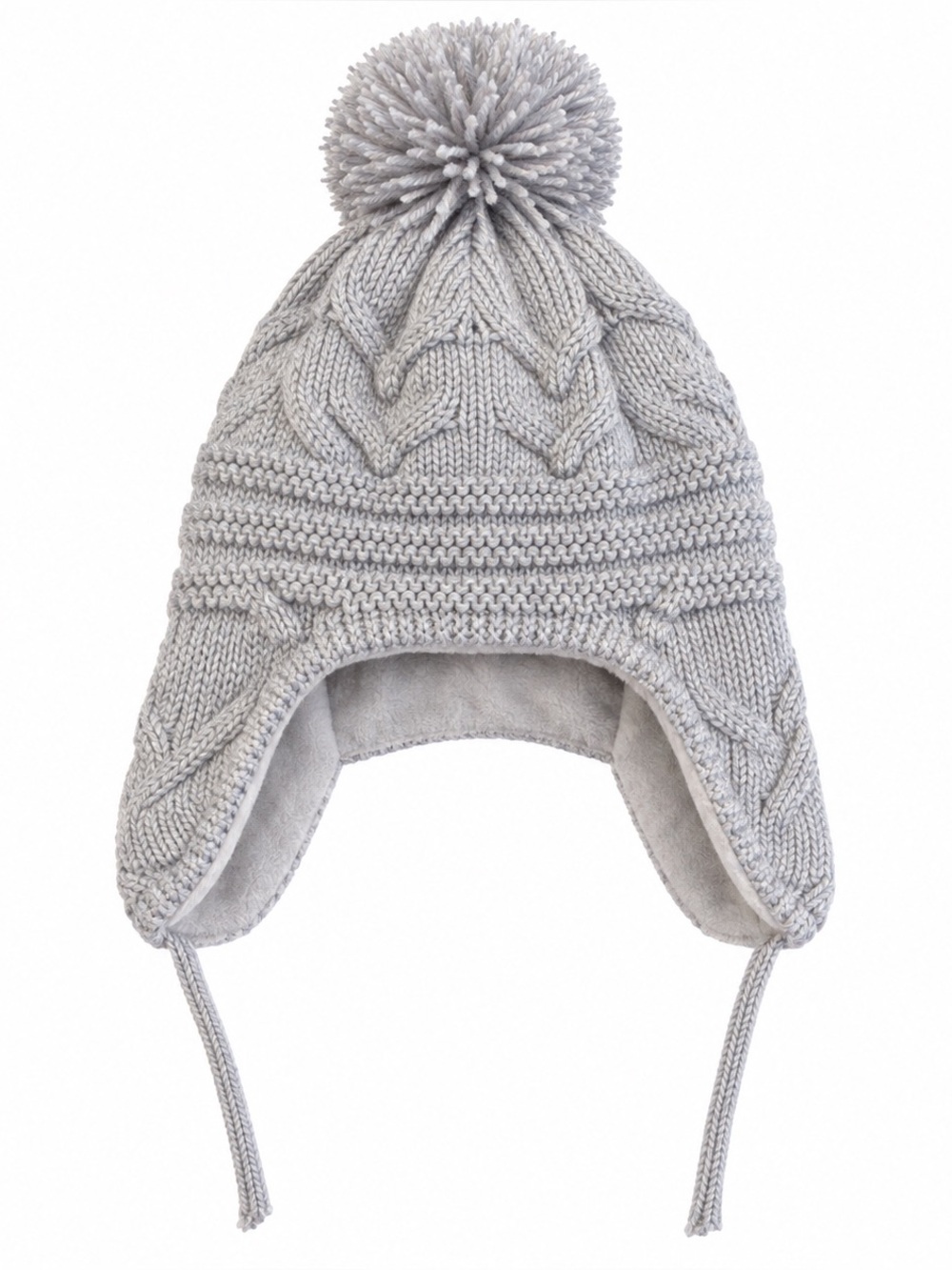 Kids Gray Cable Knit Pom Pom Earflap Winter Hat Fleece Lined Size M